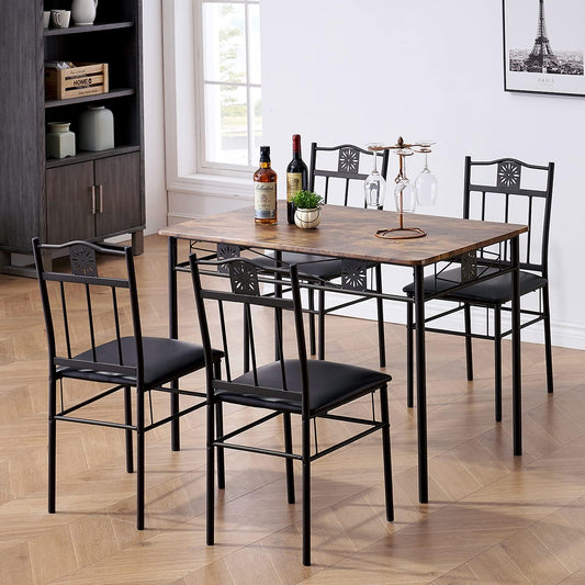 Juego de comedor de 5 piezas VECELO con 4 sillas, mesa rectangular de metal y madera
