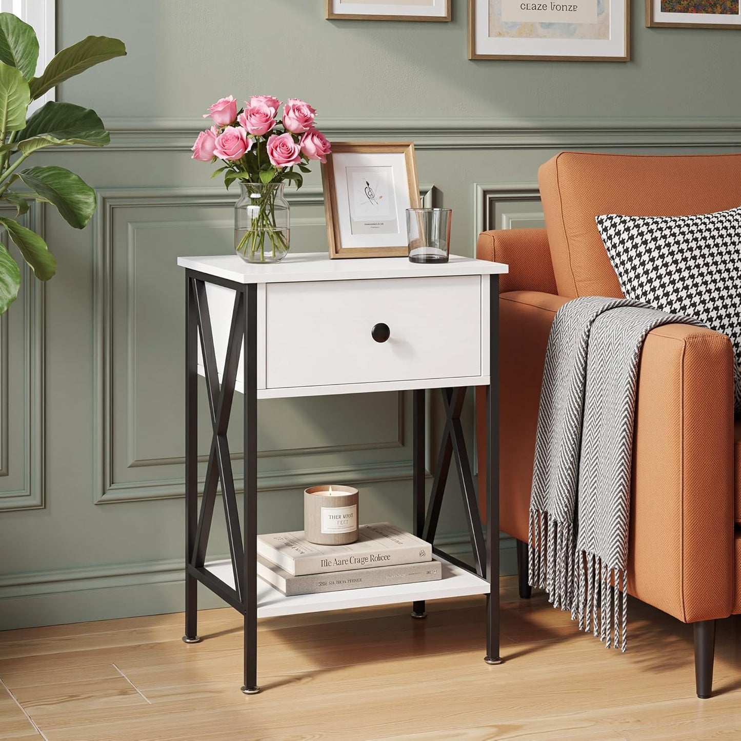 VECELO Versatile Nightstand X-Design End Side Table with Bin Drawer, 1 pack/2packs