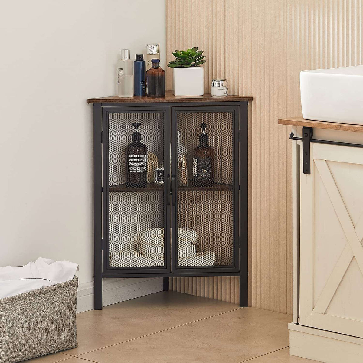 VECELO 3 Tier Corner Cabinet Shelf Display Rack with Grid Doors