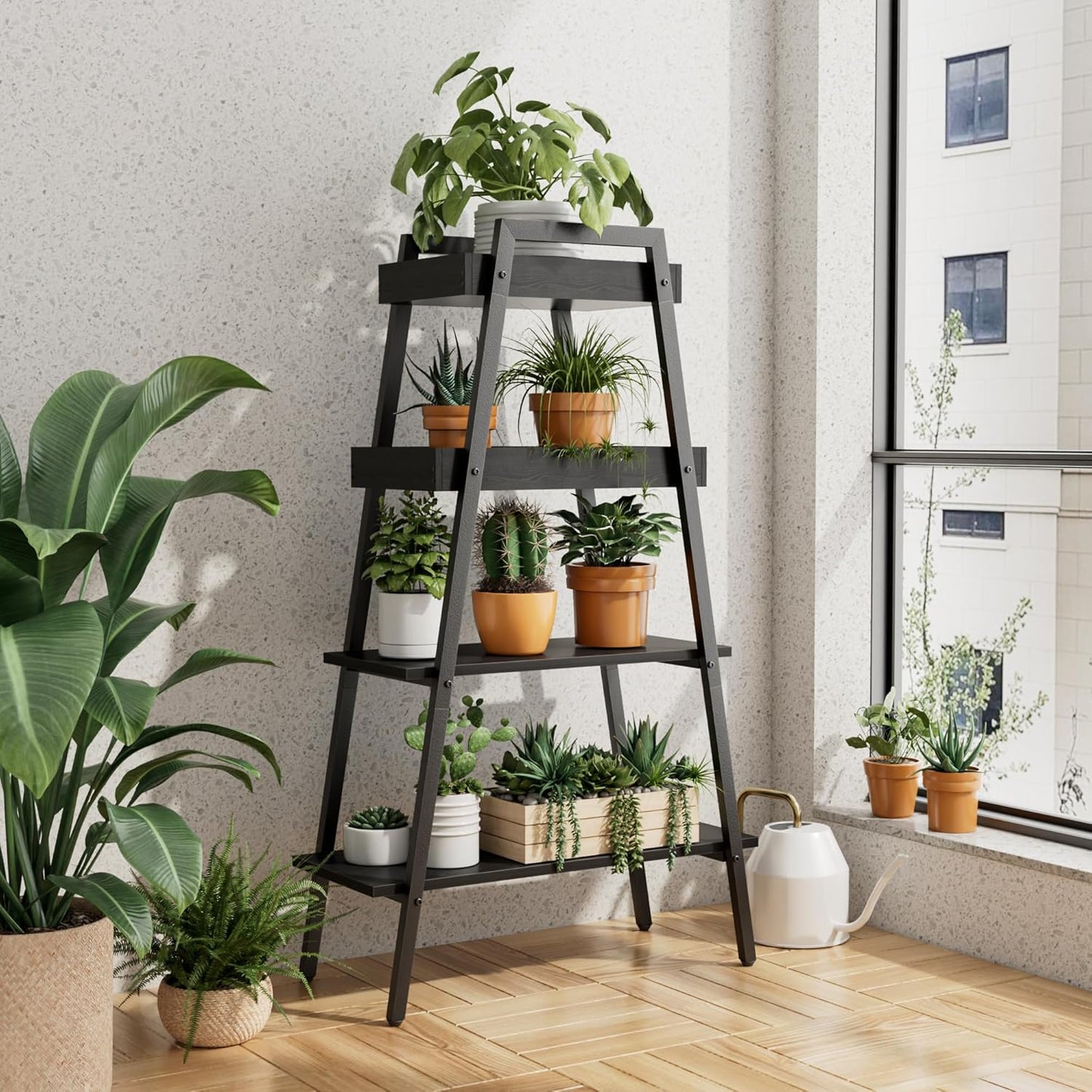 VECELO Ladder Shelf/Display Shelf 4 Tier Storage Bookcase Rack Wood & Steel