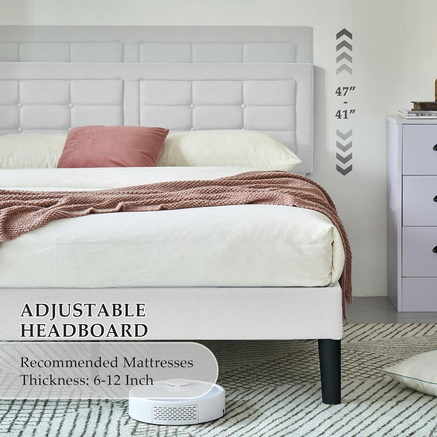 Base de cama tapizada VECELO con cabecero de altura ajustable