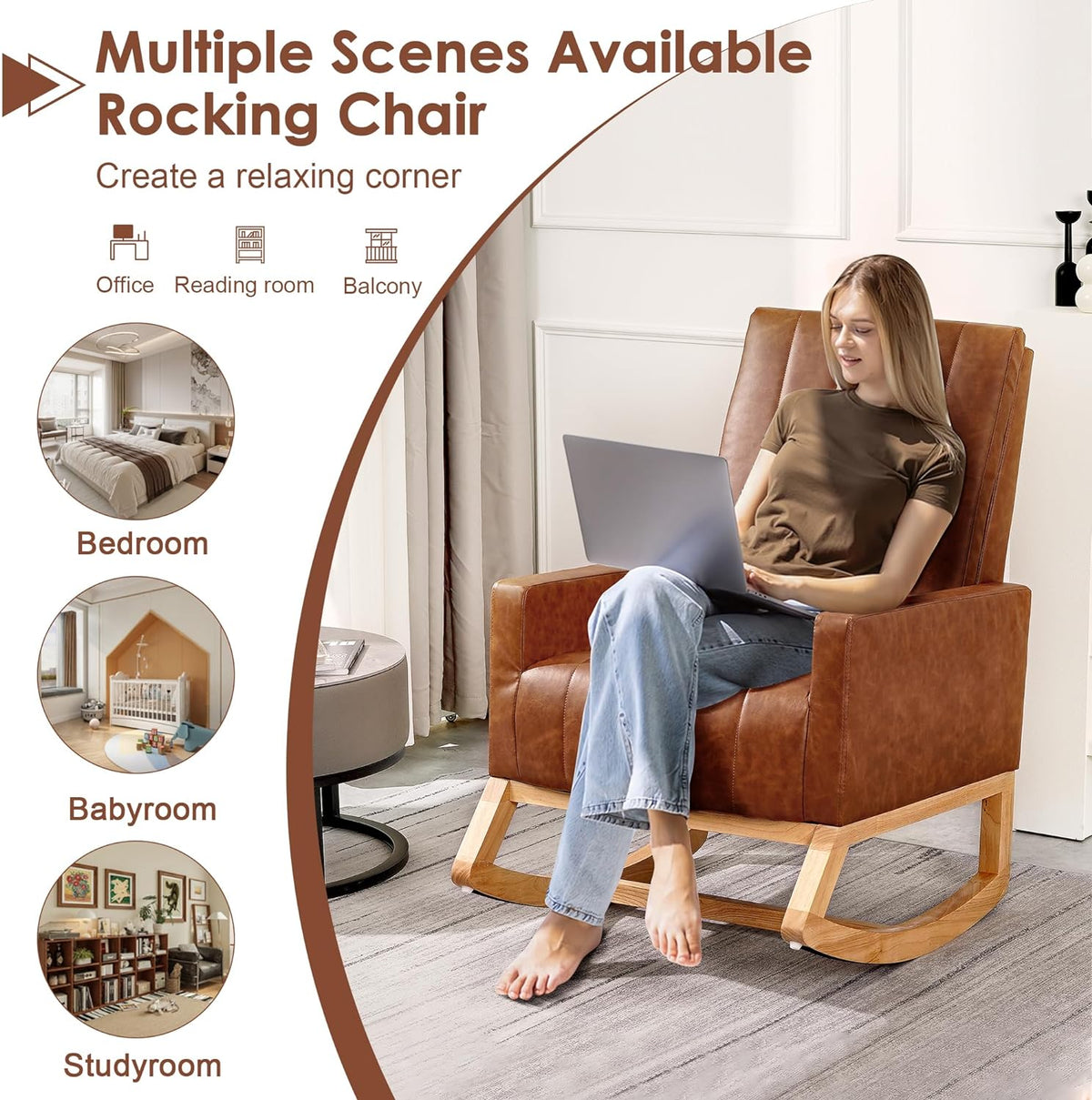 VECELO mecedora tapizada para guardería, sillón reclinable con respaldo alto, sillón cómodo con bolsillo lateral y puerto USB