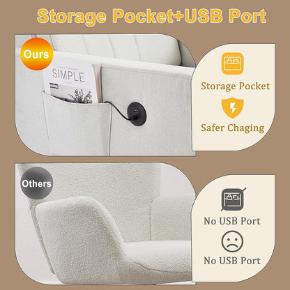 VECELO mecedora tapizada para guardería, sillón reclinable con respaldo alto, sillón cómodo con bolsillo lateral y puerto USB