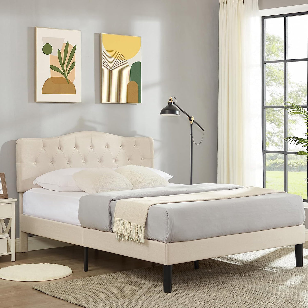 VECELO Classic Upholstered Platform Bed Frame with Diamond Stitched Cloth