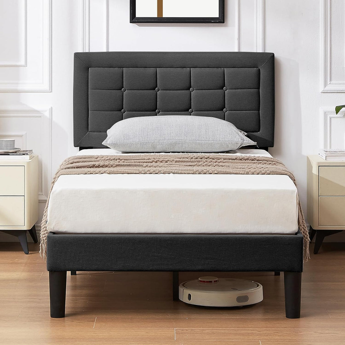 Base de cama tapizada VECELO con cabecero de altura ajustable