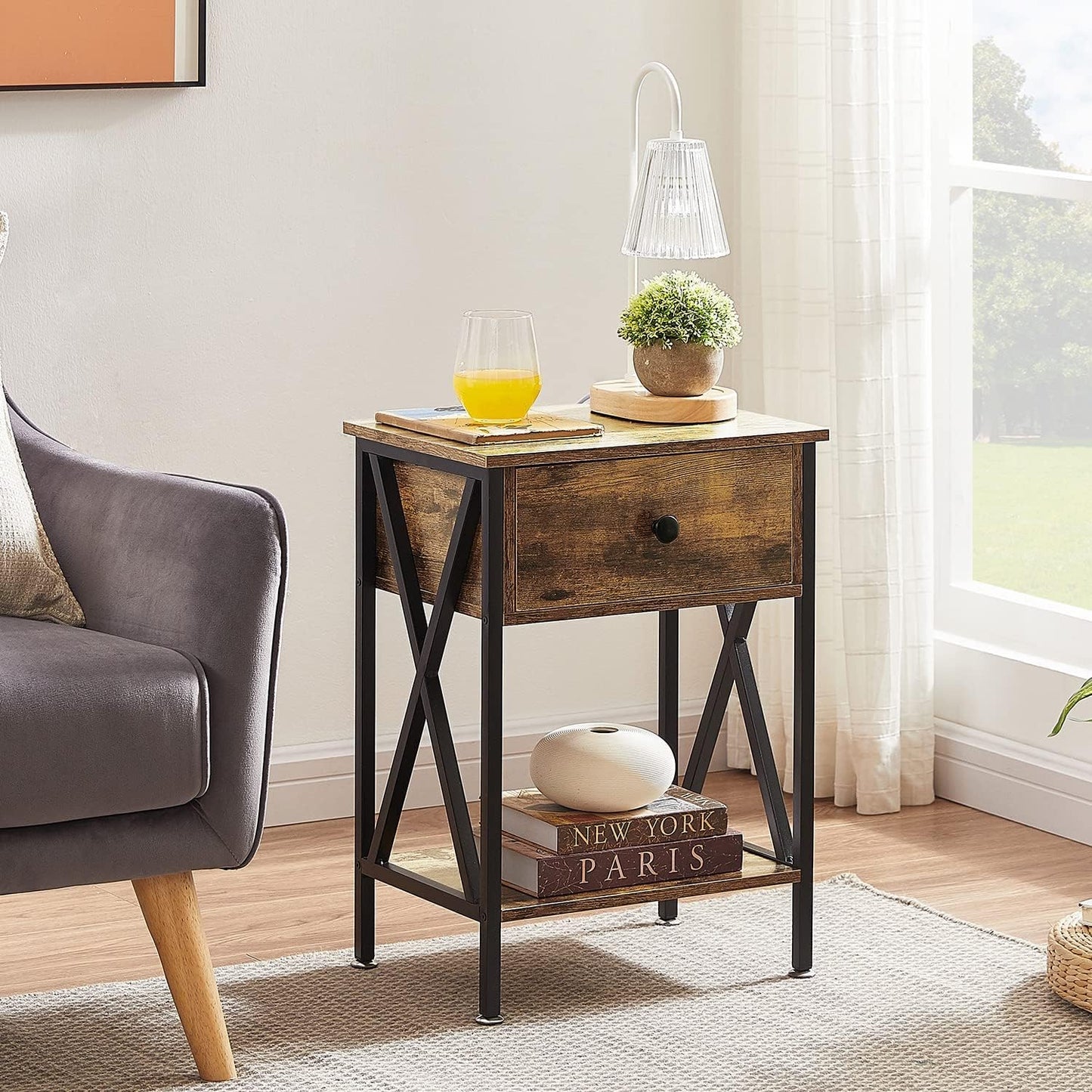 VECELO Versatile Nightstand X-Design End Side Table with Bin Drawer, 1 pack/2packs