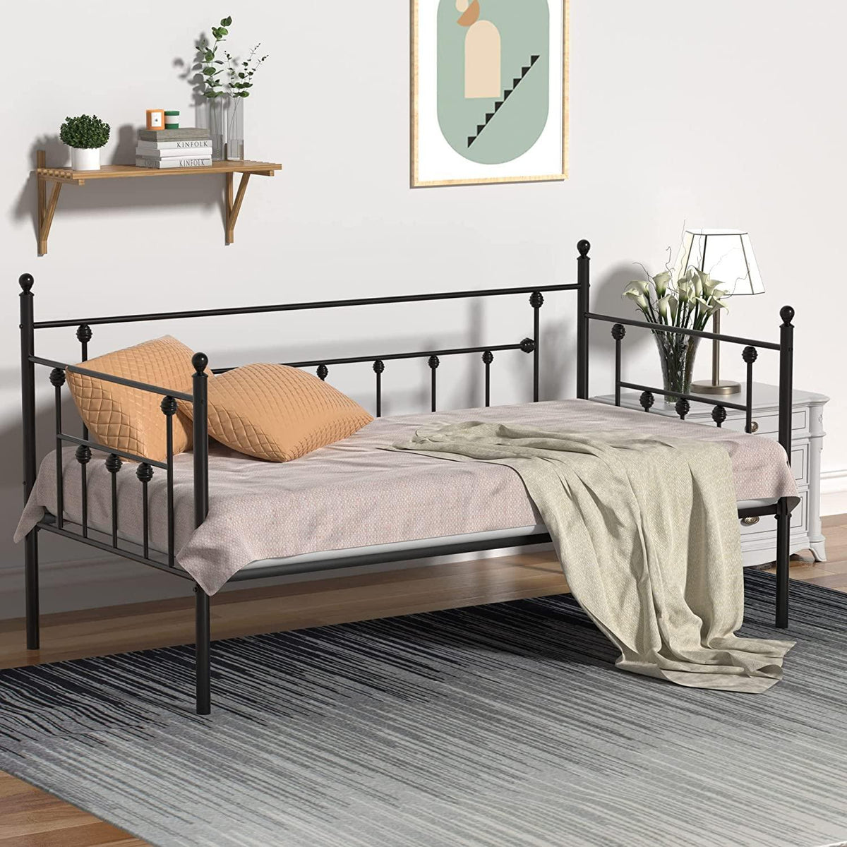 VECELO Tagesbettgestell, Metallplattformbett in Twin-Größe mit Kopfteil