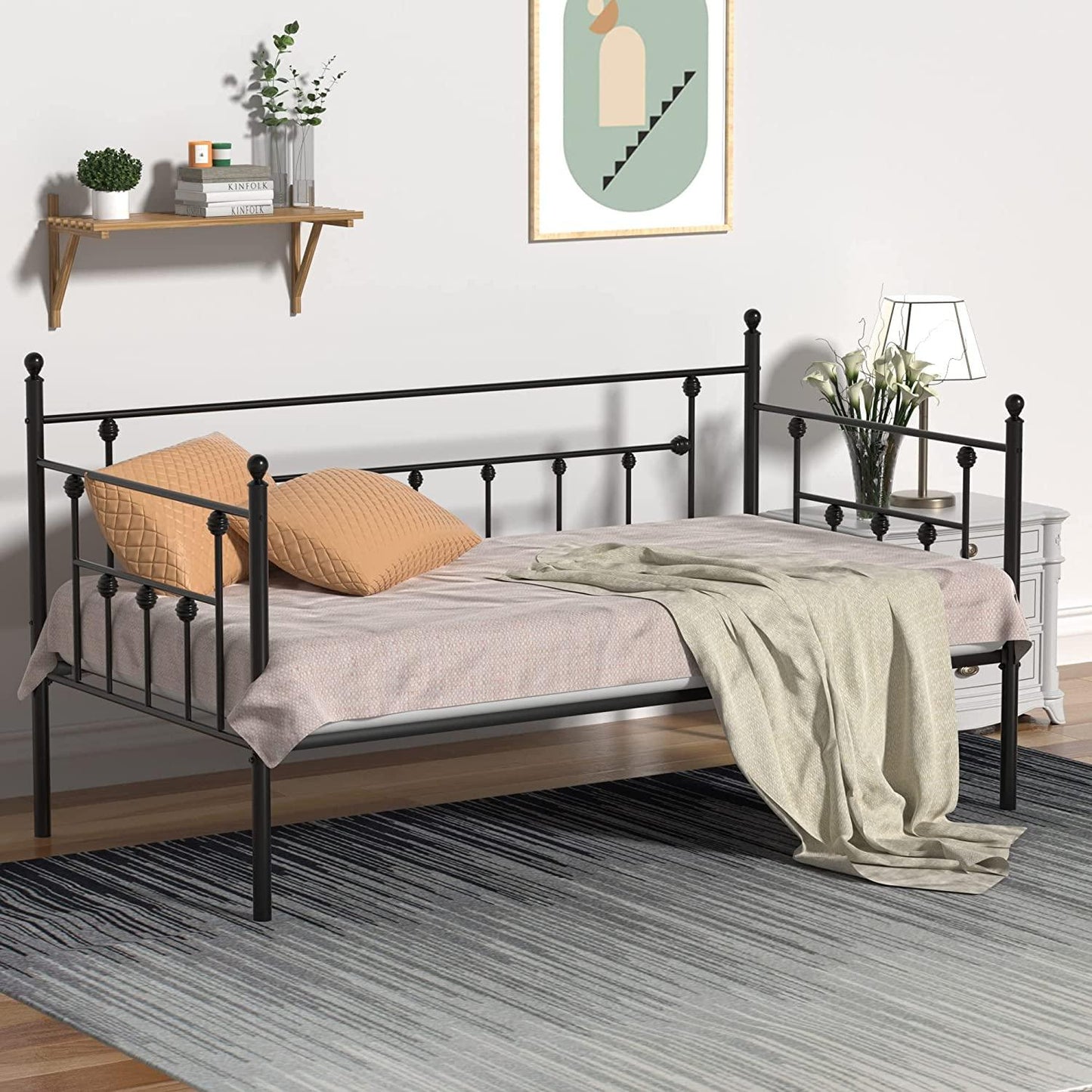 VECELO Tagesbettgestell, Metallplattformbett in Twin-Größe mit Kopfteil