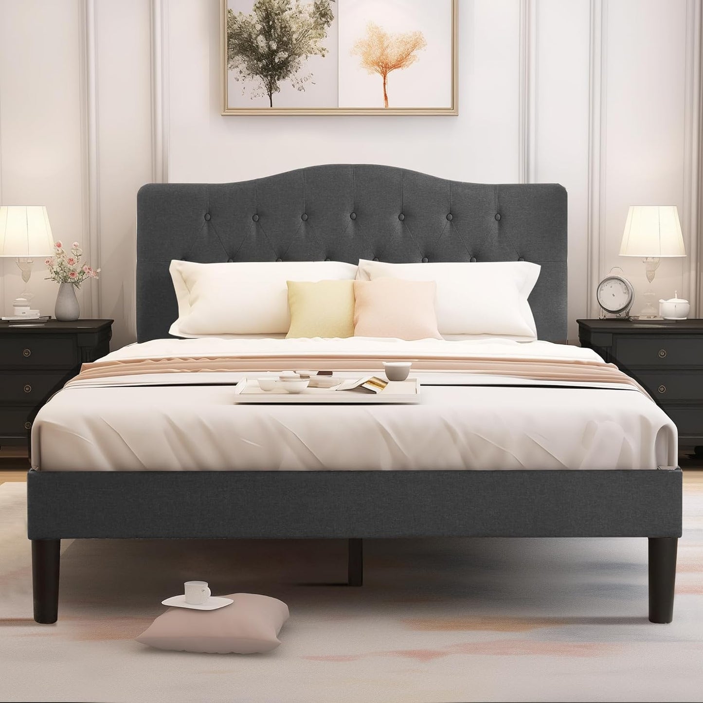 VECELO Classic Upholstered Platform Bed Frame with Diamond Stitched Cloth