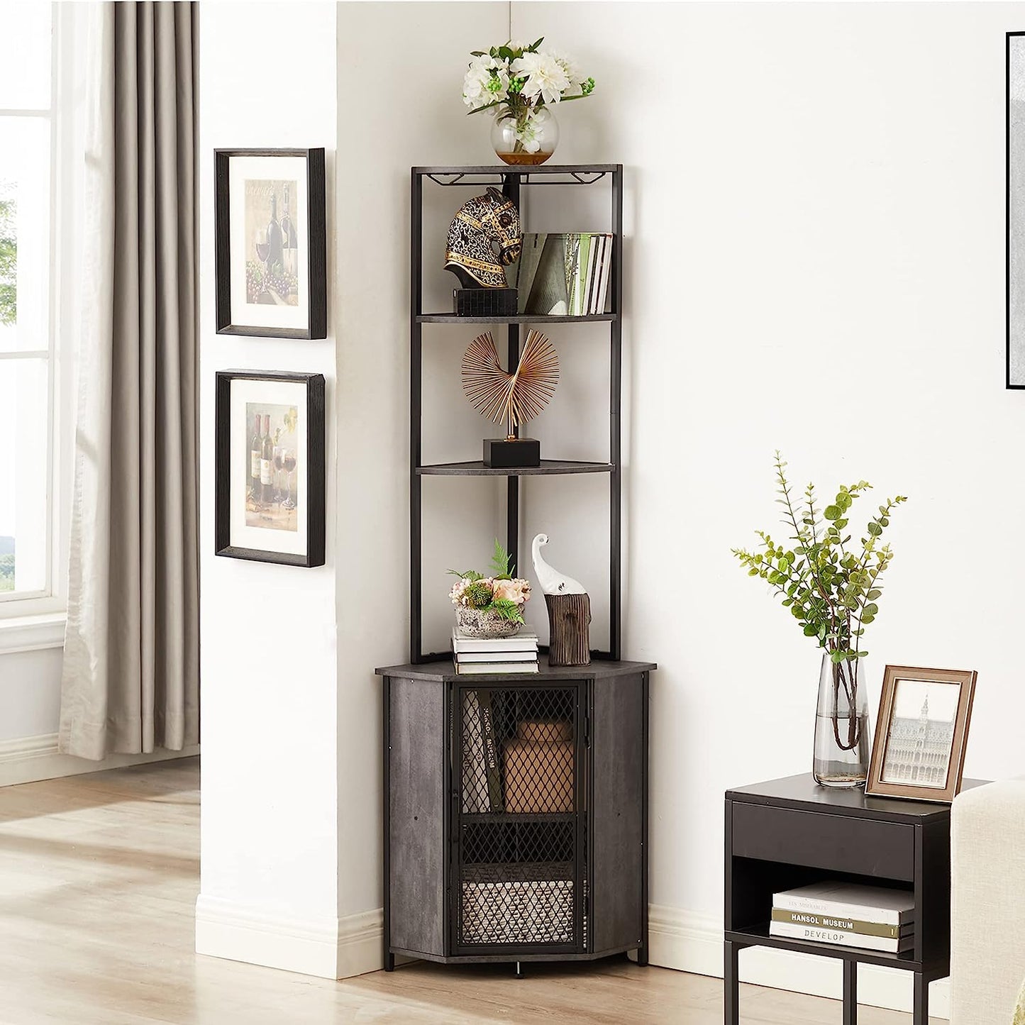 VECELO Corner Cabinet, Tall Storage Shelf Bookshelf Display Shelves Rack