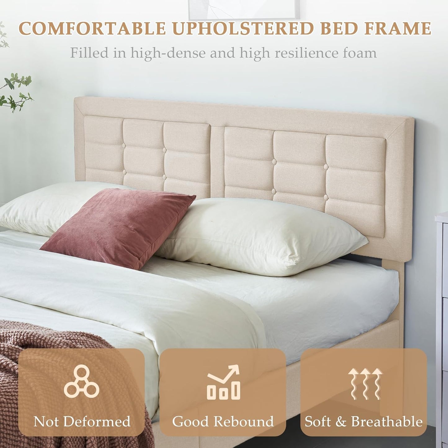 Base de cama tapizada VECELO con cabecero de altura ajustable