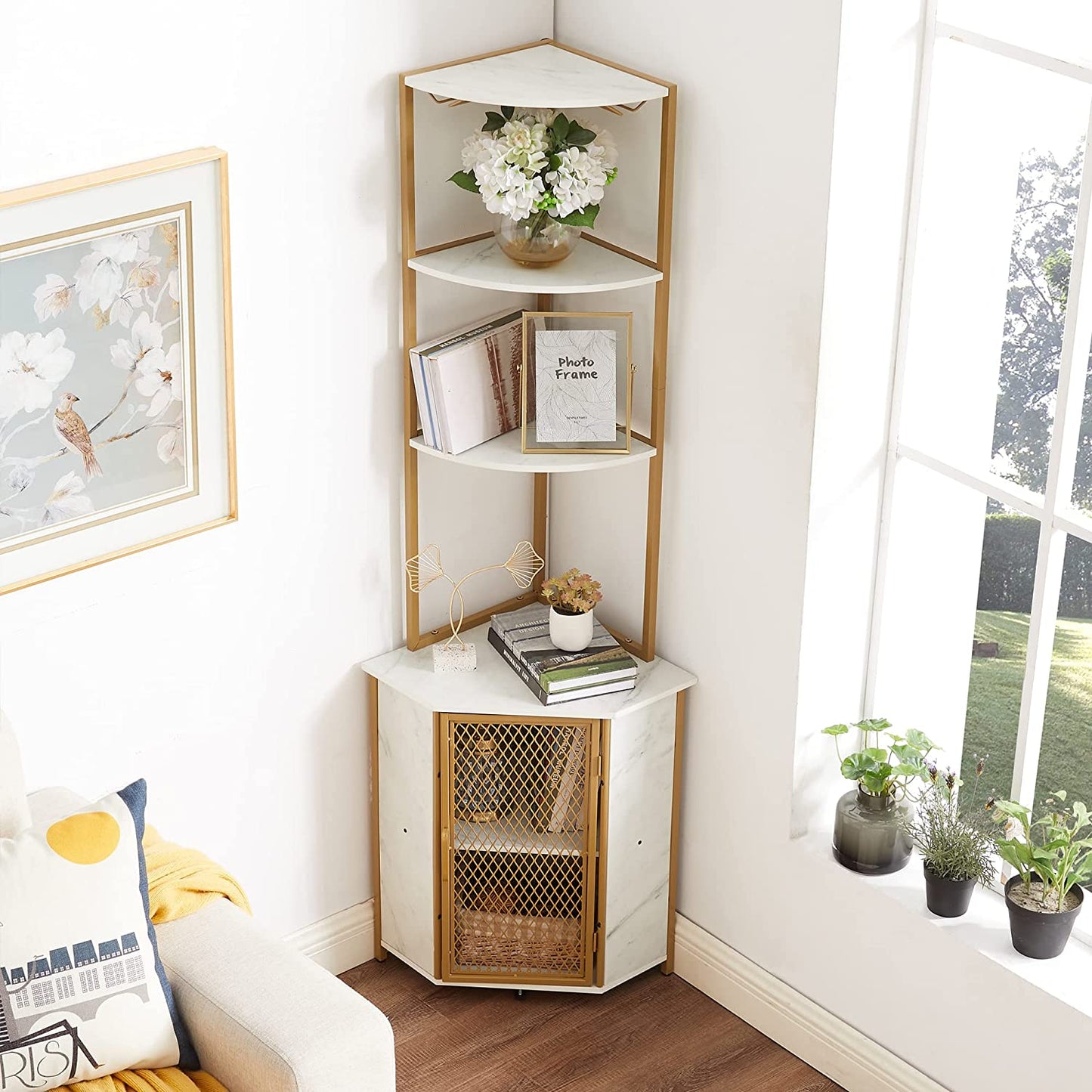 VECELO Corner Cabinet, Tall Storage Shelf Bookshelf Display Shelves Rack