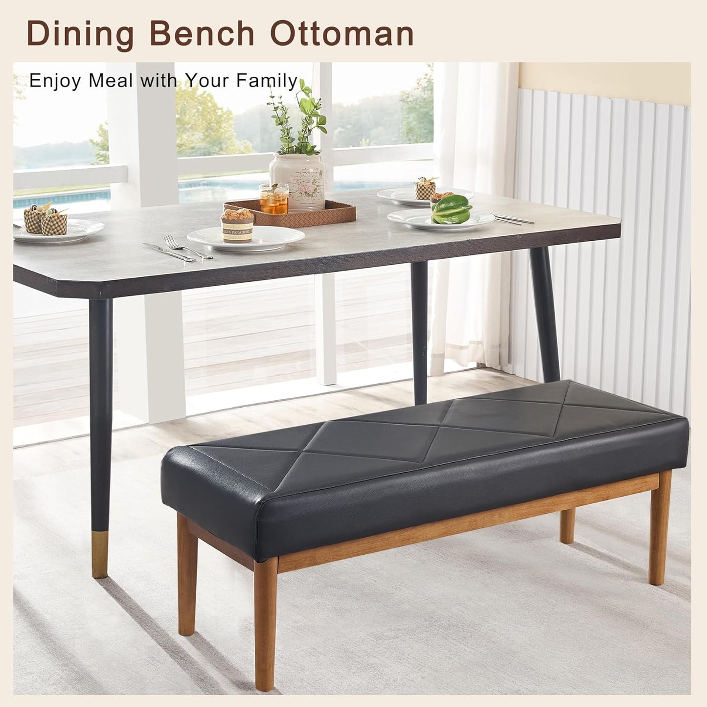 VECELO 44.5”Upholstered Entryway Bench Dining Table Ottoman Seats with Solid Wood Legs