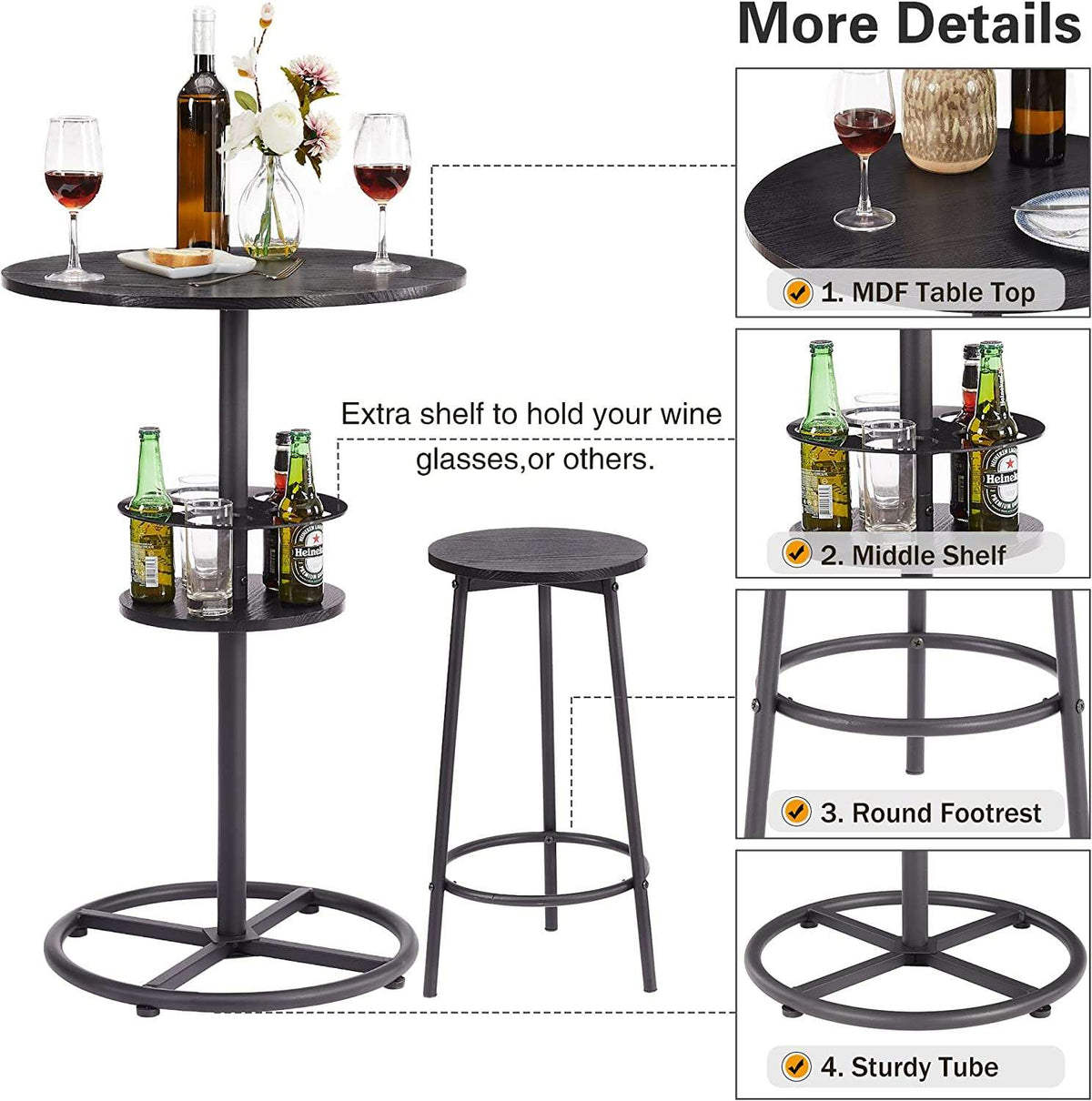 VECELO 3 Piece Bar Table Set, Small 2-Tier Round Pub Table with Barstools