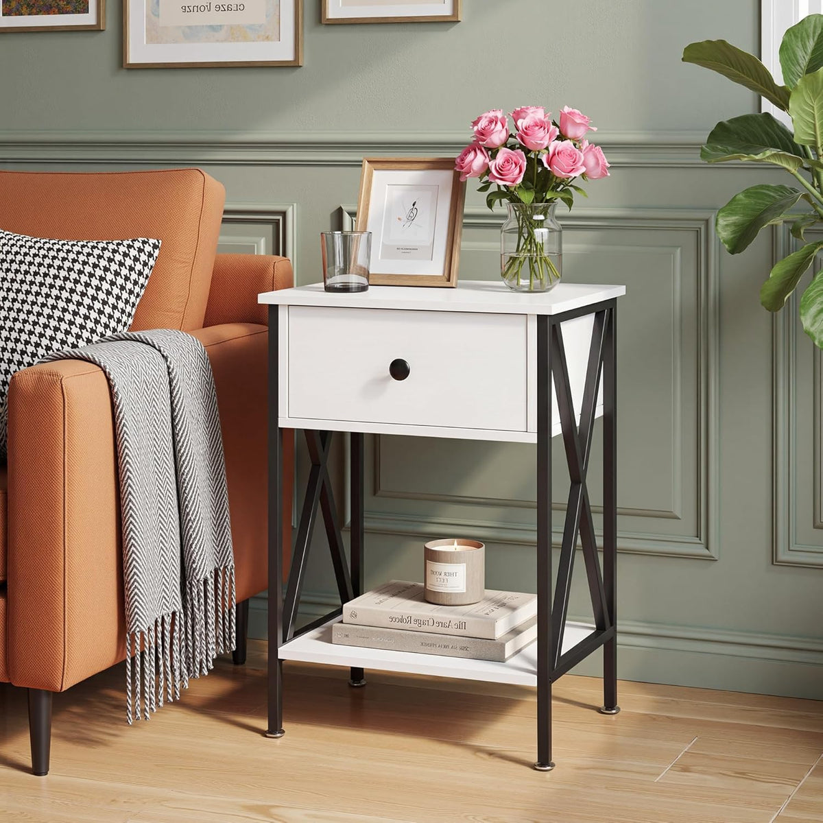 VECELO Versatile Nightstand X-Design End Side Table with Bin Drawer, 1 pack/2packs