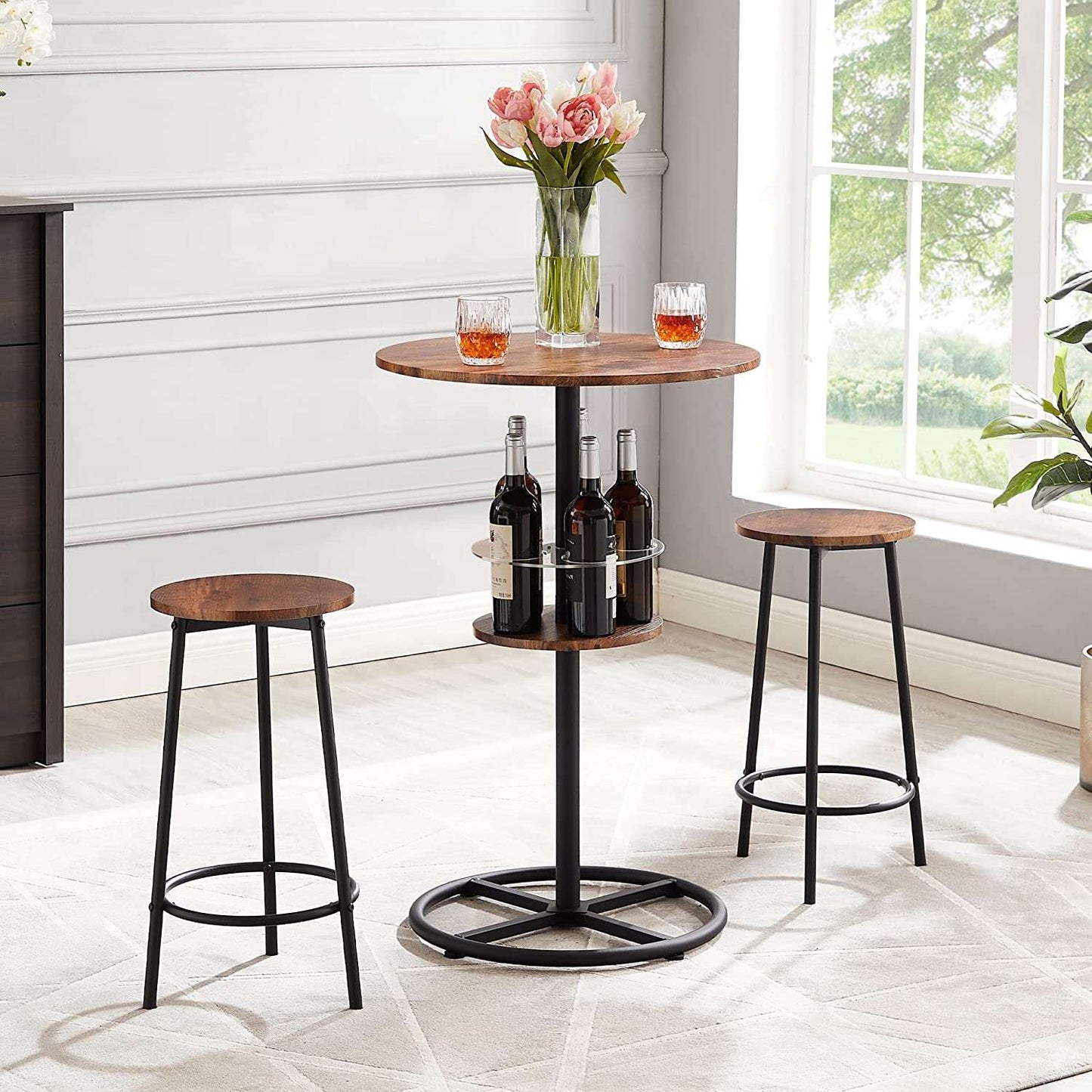 VECELO 3 Piece Bar Table Set, Small 2-Tier Round Pub Table with Barstools