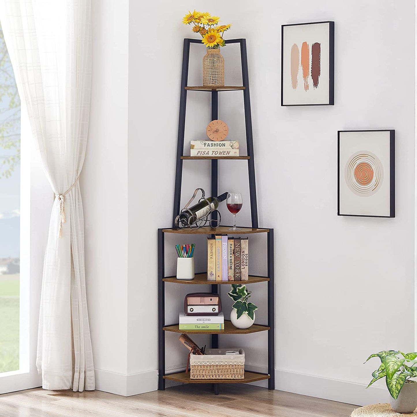 VECELO 6-stöckiges Eckregal, 175 cm hohes industrielles Bücherregal/Ablageregal mit Metallrahmen