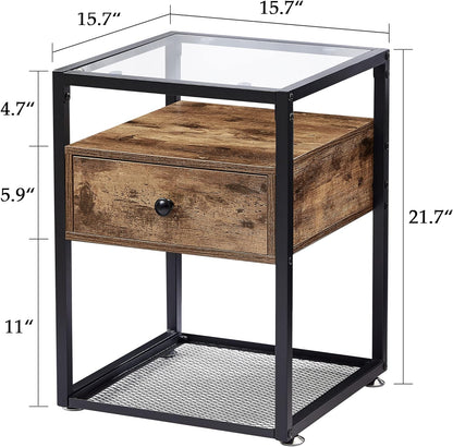 VECELO Nachttische, Beistelltische mit Glasplatte, Schublade und Regal
