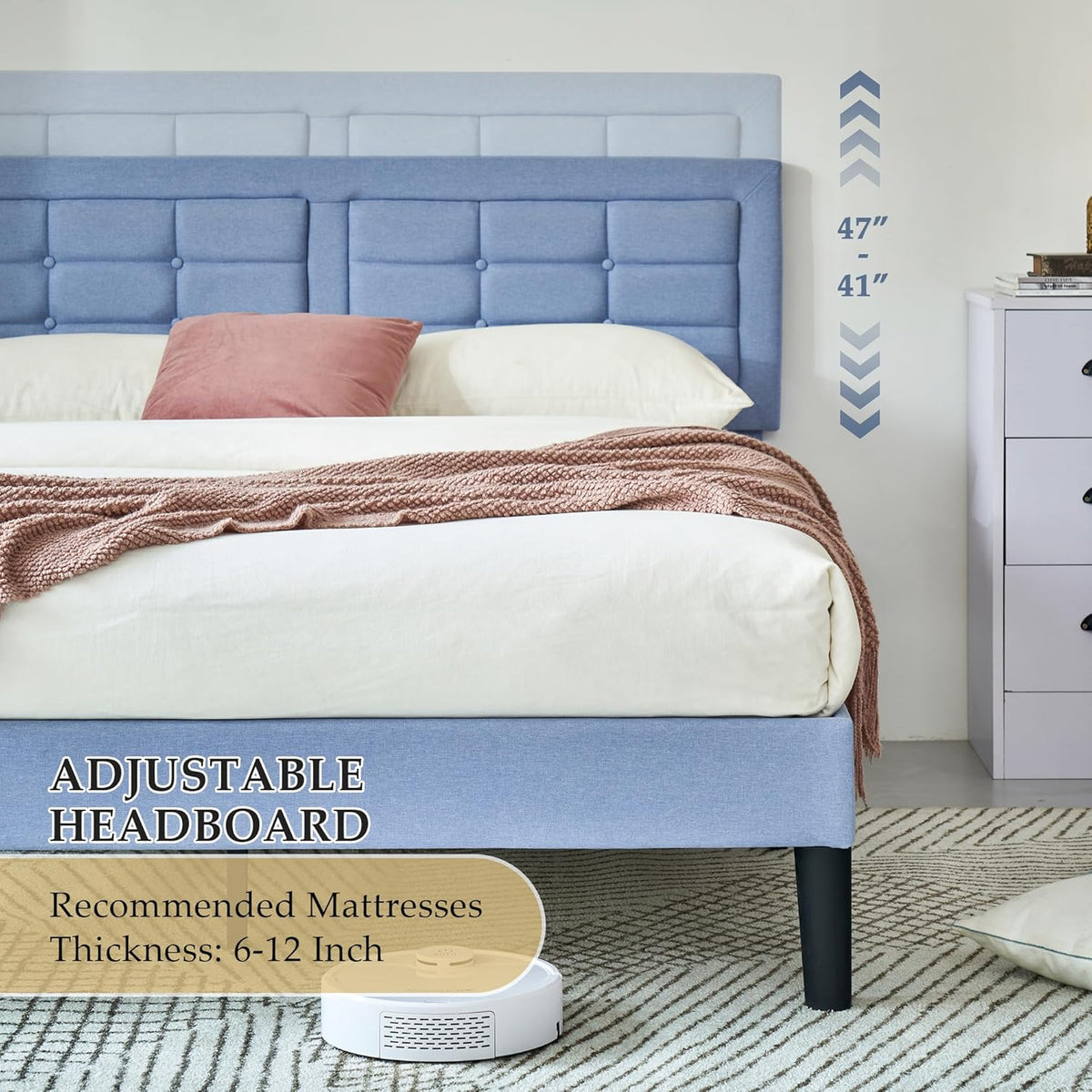 Base de cama tapizada VECELO con cabecero de altura ajustable