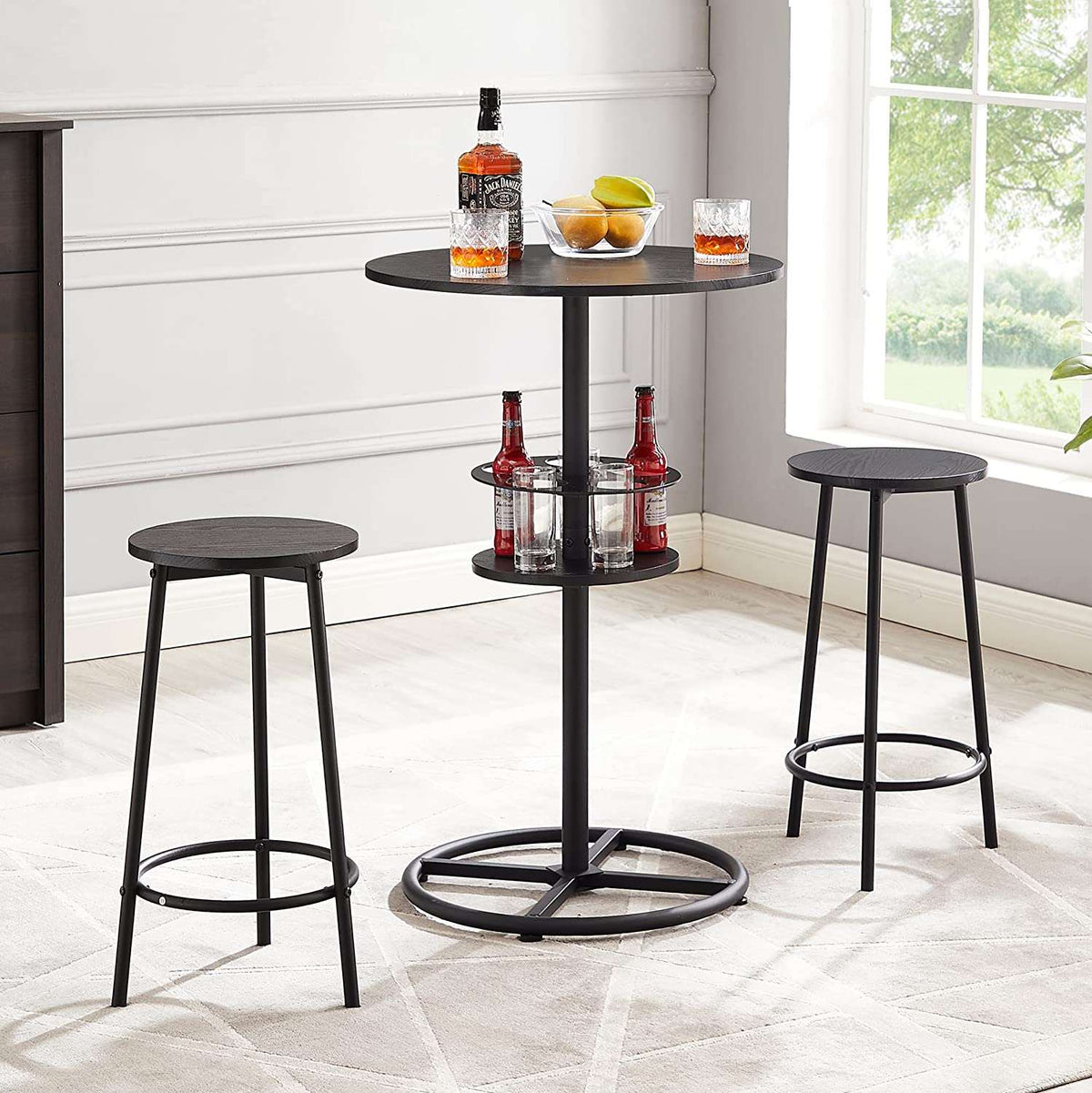 VECELO 3 Piece Bar Table Set, Small 2-Tier Round Pub Table with Barstools