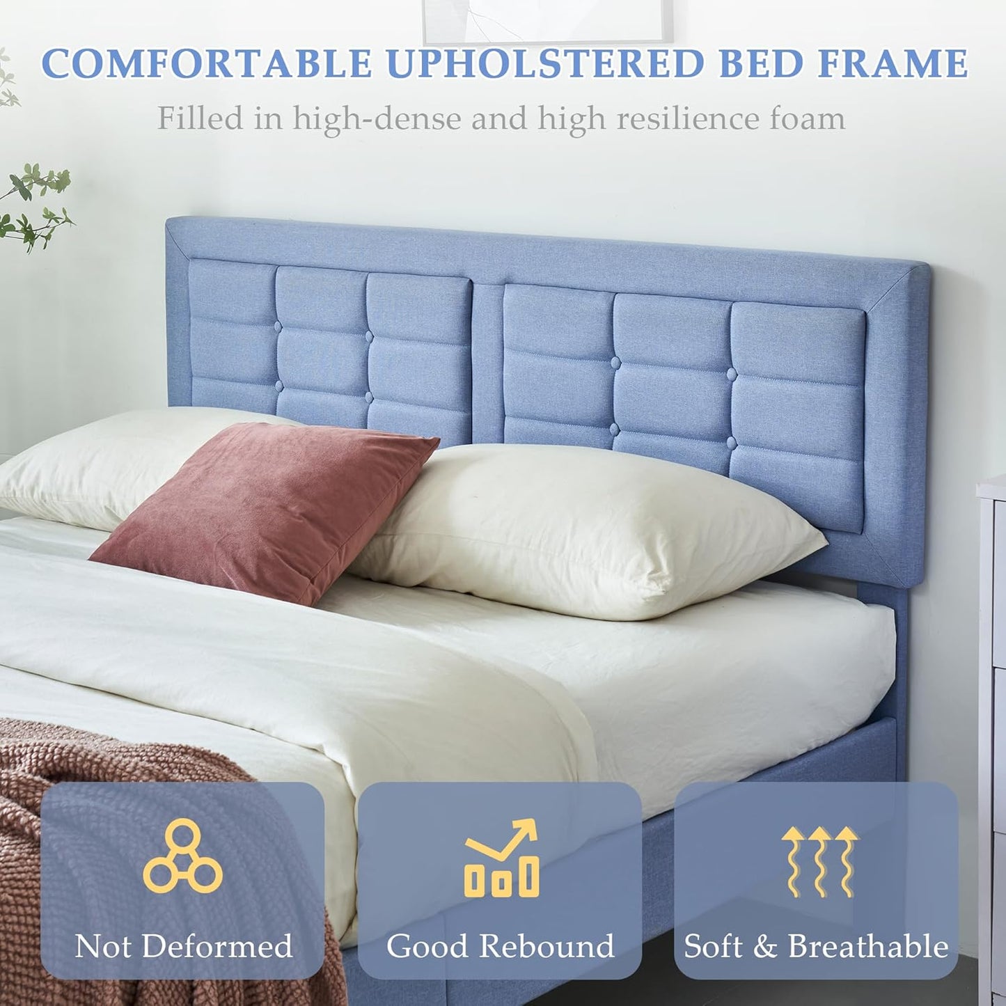 Base de cama tapizada VECELO con cabecero de altura ajustable