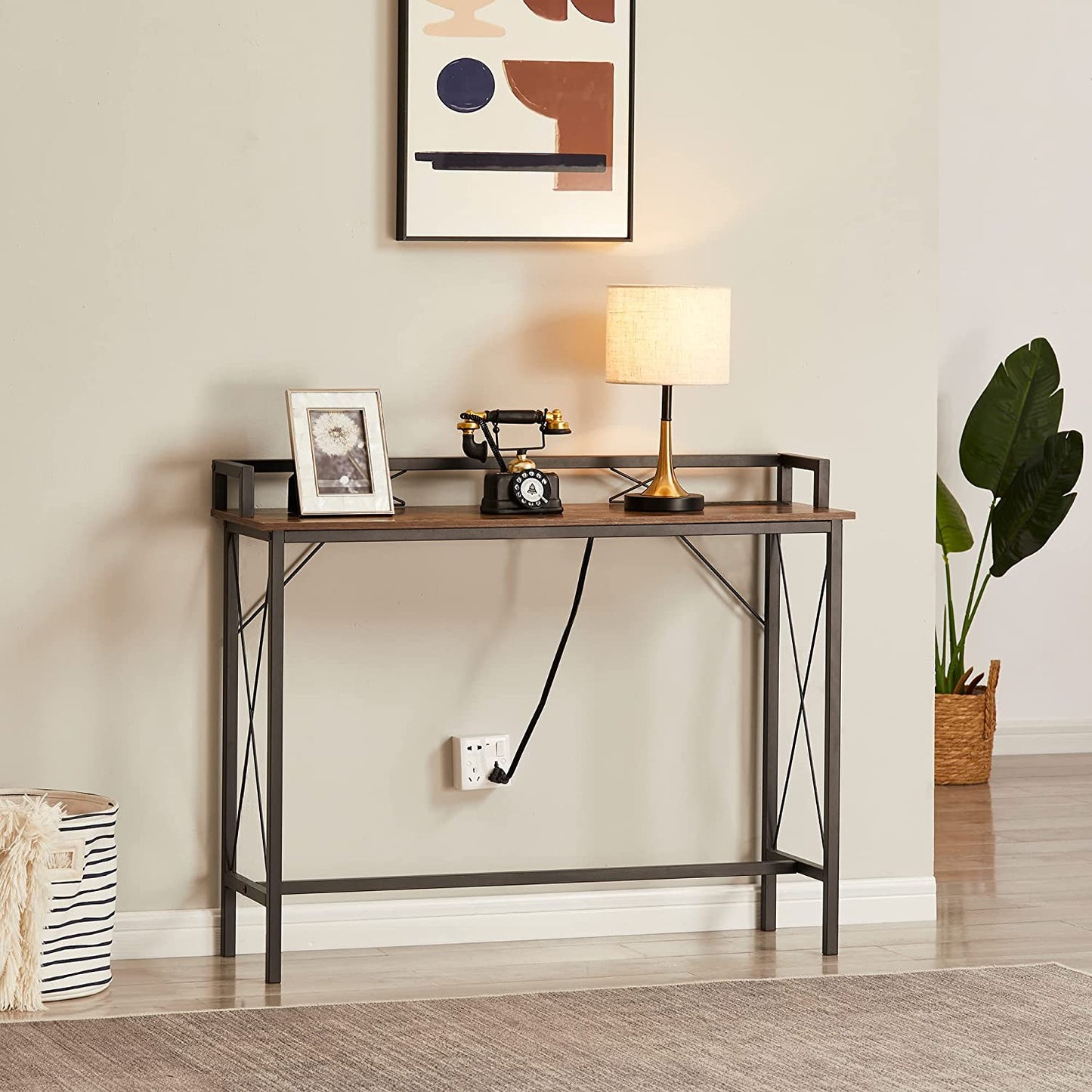 VECELO Mesa consola extra larga para recibidor, para detrás del sofá, estrecha, con toma de corriente y puertos USB