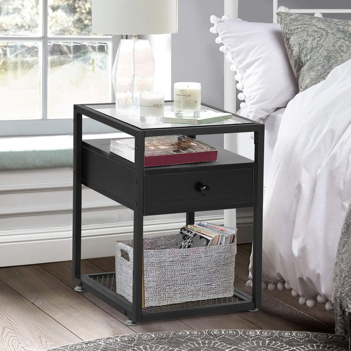 VECELO Nachttische, Beistelltische mit Glasplatte, Schublade und Regal