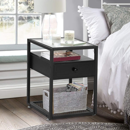 VECELO Nachttische, Beistelltische mit Glasplatte, Schublade und Regal