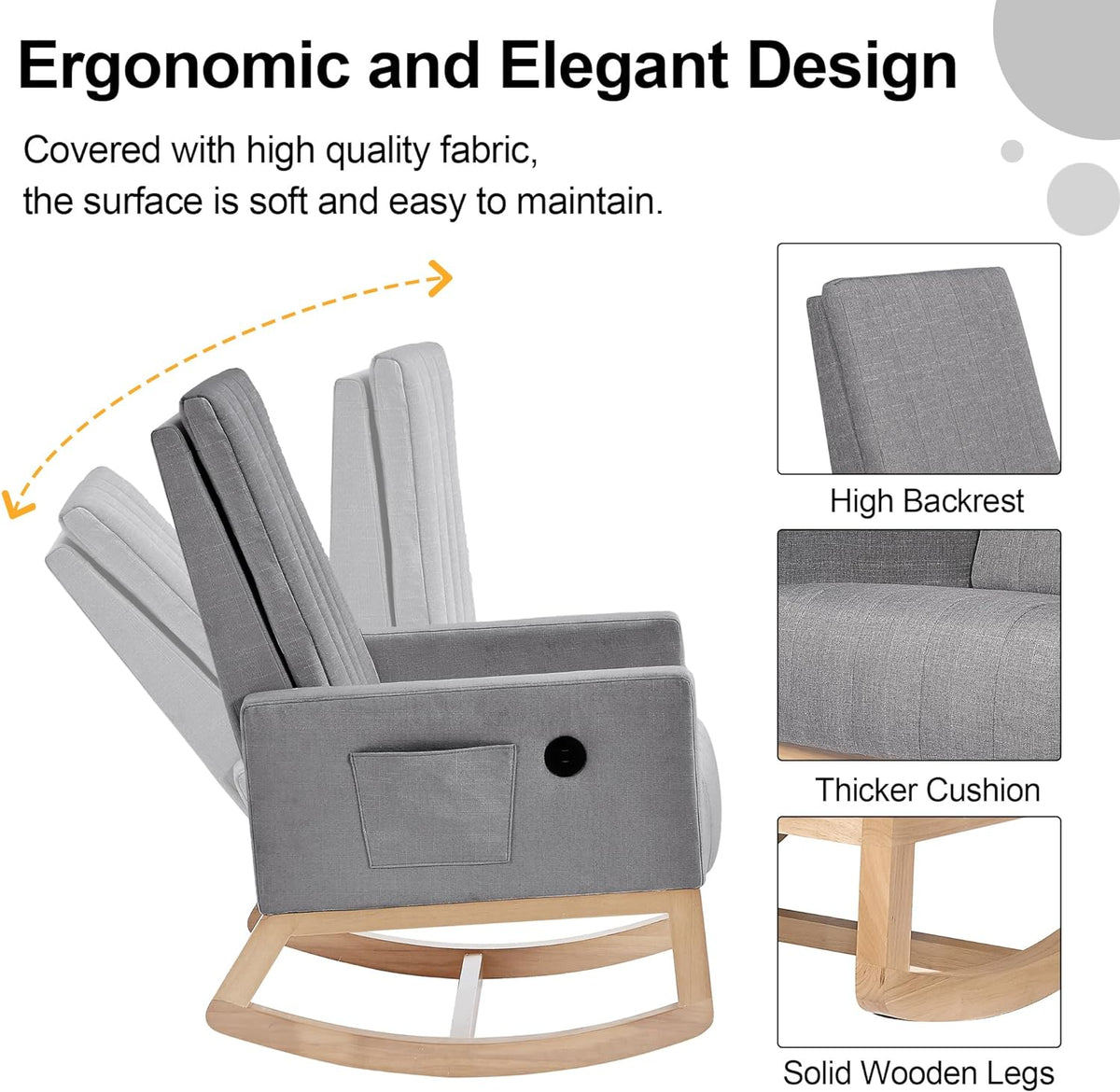 VECELO mecedora tapizada para guardería, sillón reclinable con respaldo alto, sillón cómodo con bolsillo lateral y puerto USB