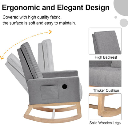 VECELO mecedora tapizada para guardería, sillón reclinable con respaldo alto, sillón cómodo con bolsillo lateral y puerto USB