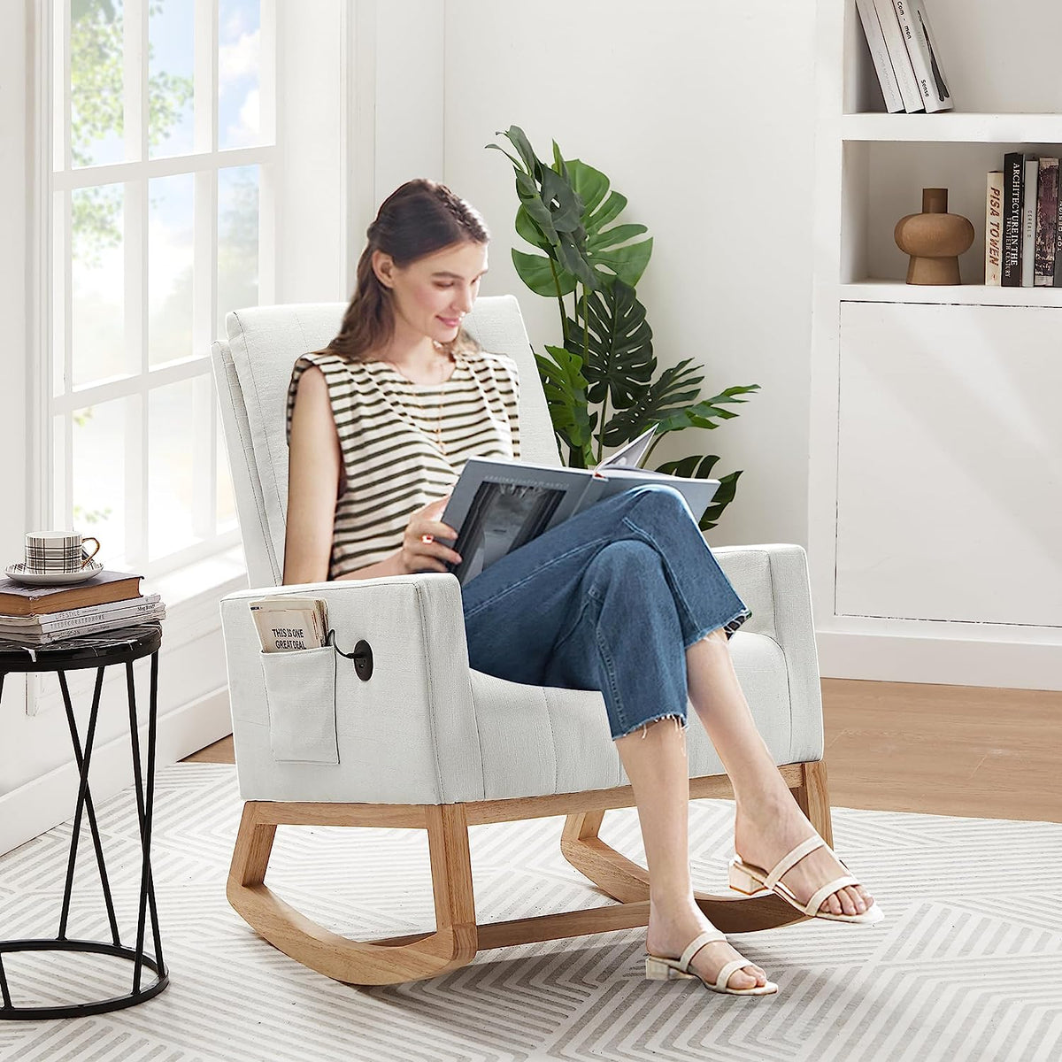 VECELO mecedora tapizada para guardería, sillón reclinable con respaldo alto, sillón cómodo con bolsillo lateral y puerto USB