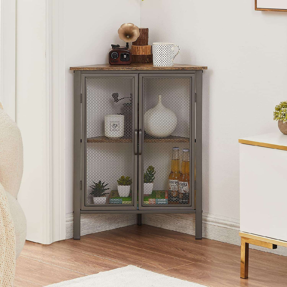 VECELO 3 Tier Corner Cabinet Shelf Display Rack with Grid Doors