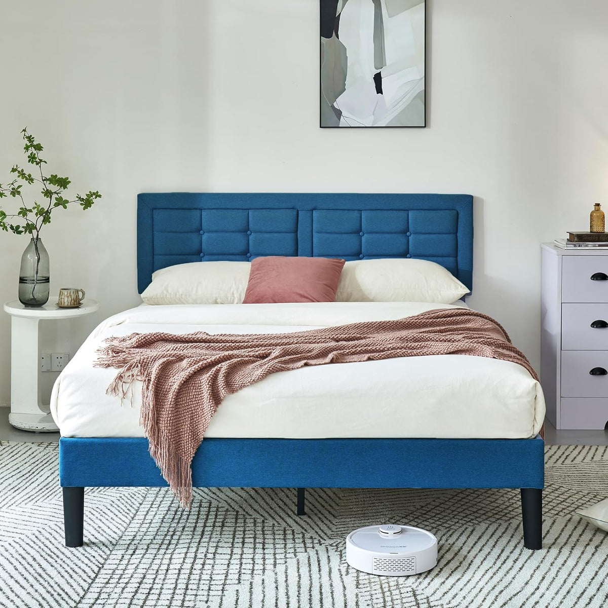 Base de cama tapizada VECELO con cabecero de altura ajustable