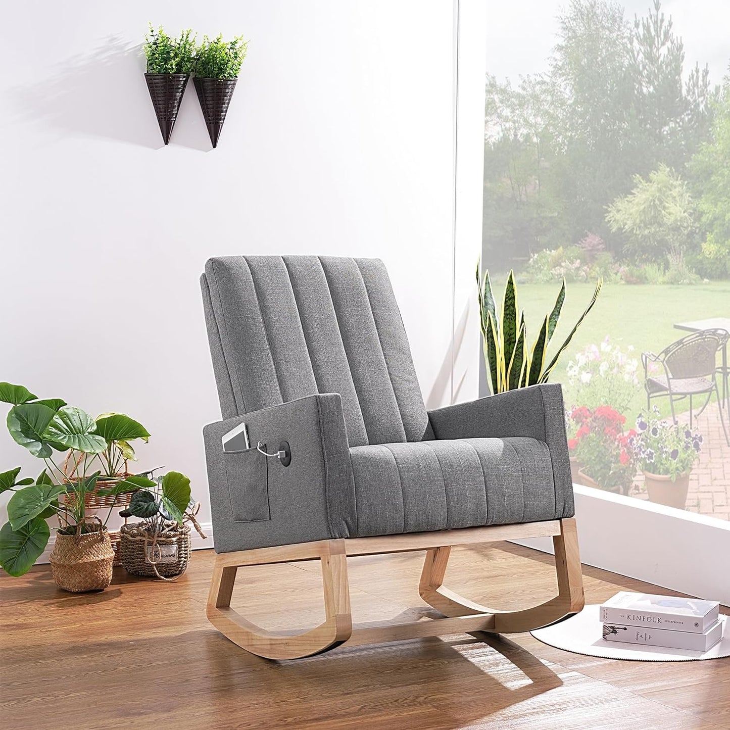 VECELO mecedora tapizada para guardería, sillón reclinable con respaldo alto, sillón cómodo con bolsillo lateral y puerto USB