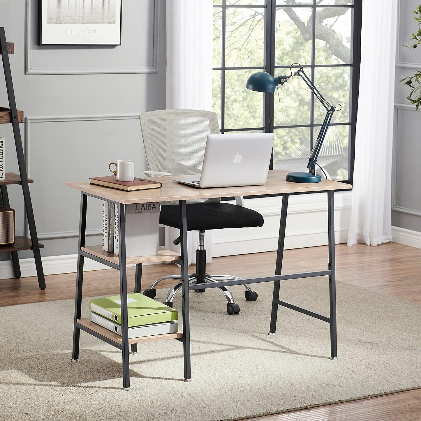 VECELO Computer Writing Desk with 2 Tier Storage Shelves, Modern Simple Student Study Table