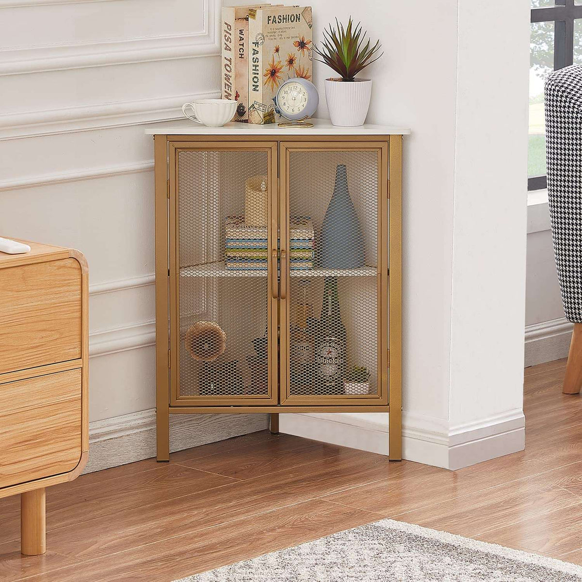 VECELO 3 Tier Corner Cabinet Shelf Display Rack with Grid Doors
