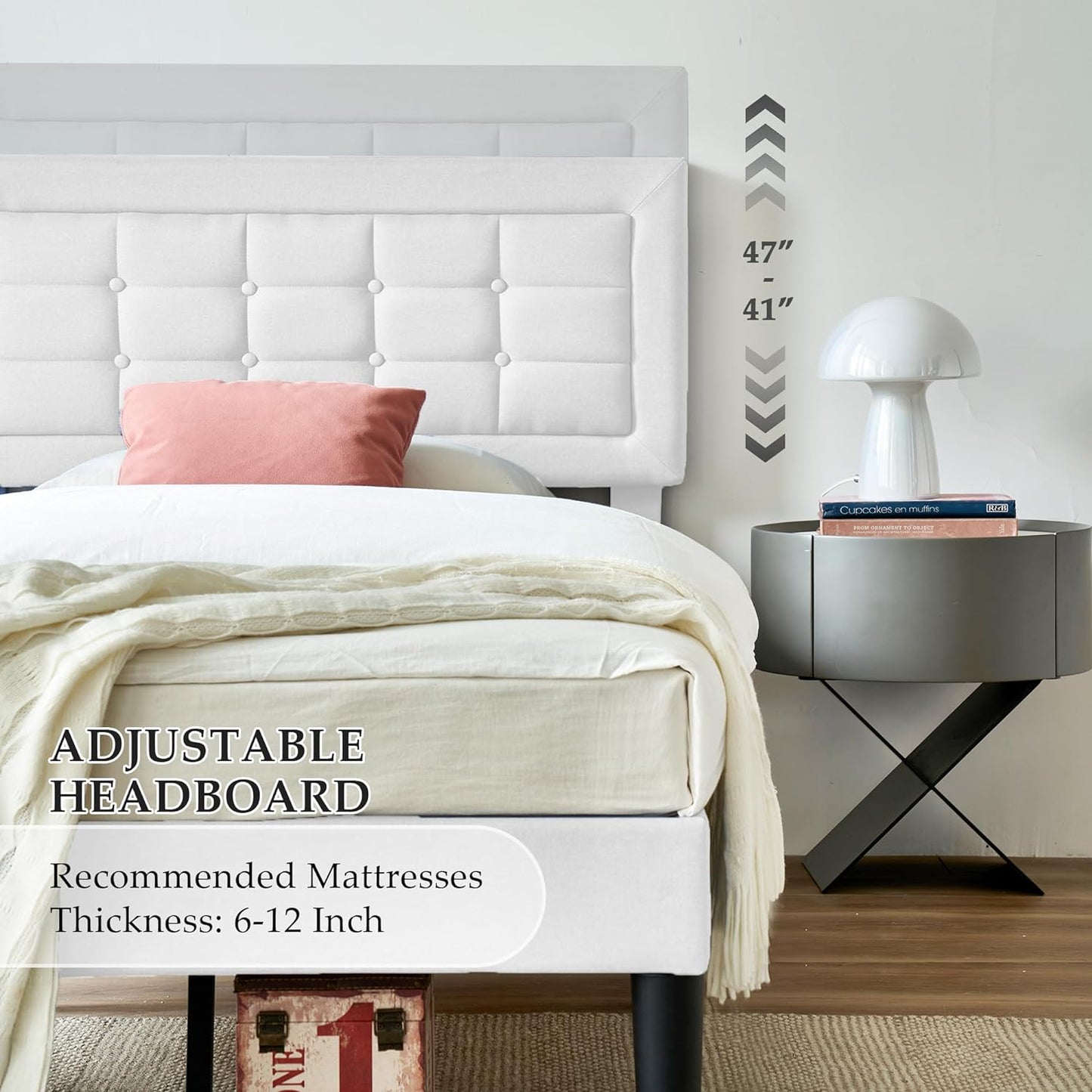 Base de cama tapizada VECELO con cabecero de altura ajustable