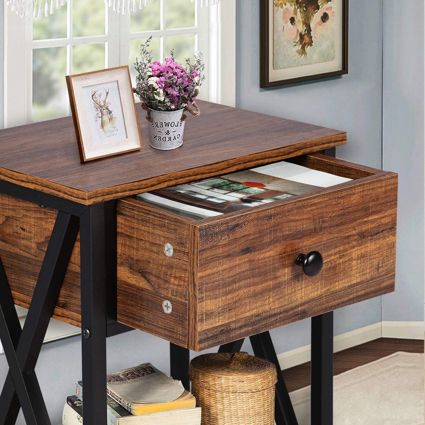 VECELO Versatile Nightstand X-Design End Side Table with Bin Drawer, 1 pack/2packs