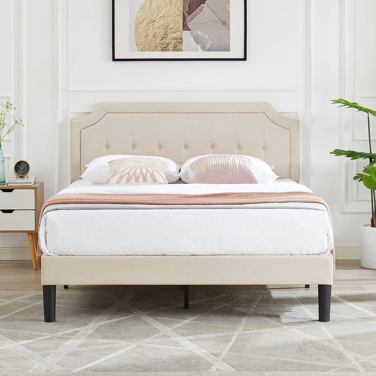 VECELO Premium Upholstered Platform Bed Diamond Stitched Panel Headboard