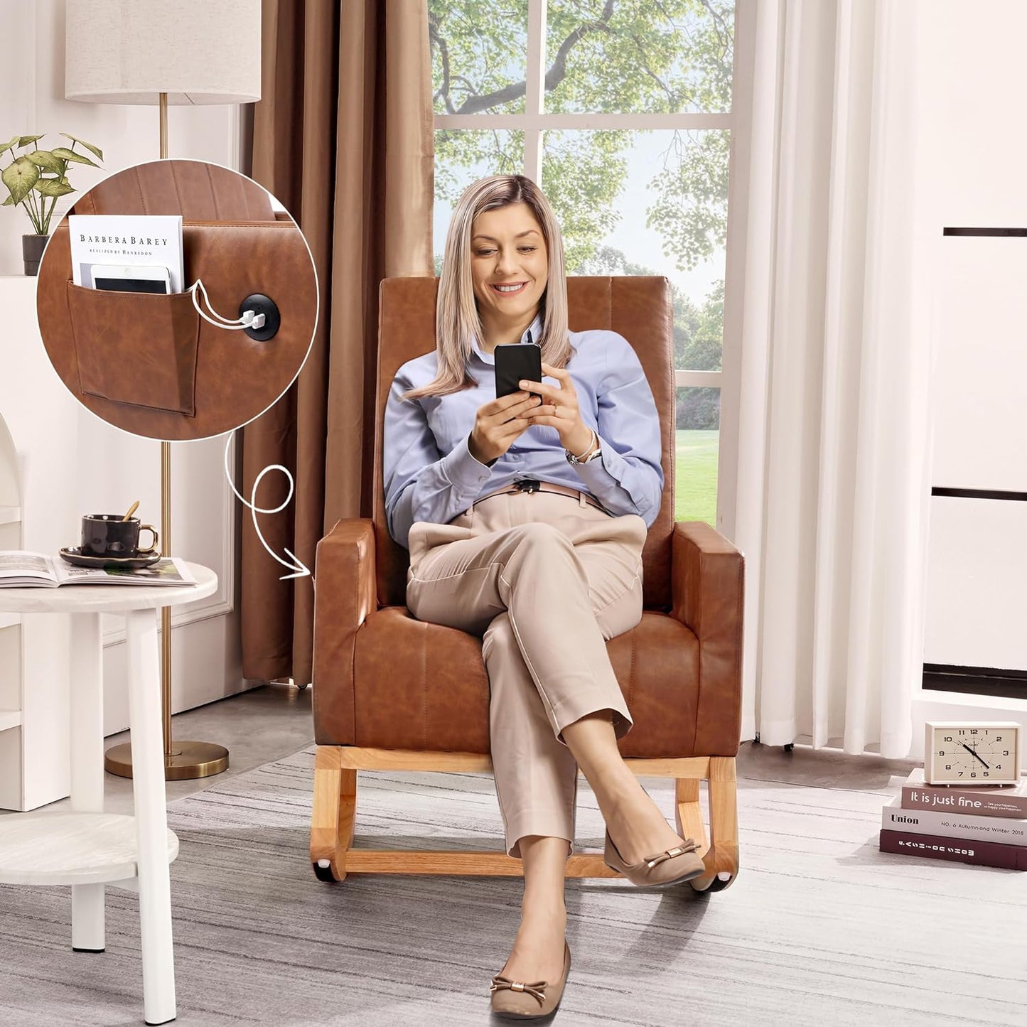 VECELO mecedora tapizada para guardería, sillón reclinable con respaldo alto, sillón cómodo con bolsillo lateral y puerto USB