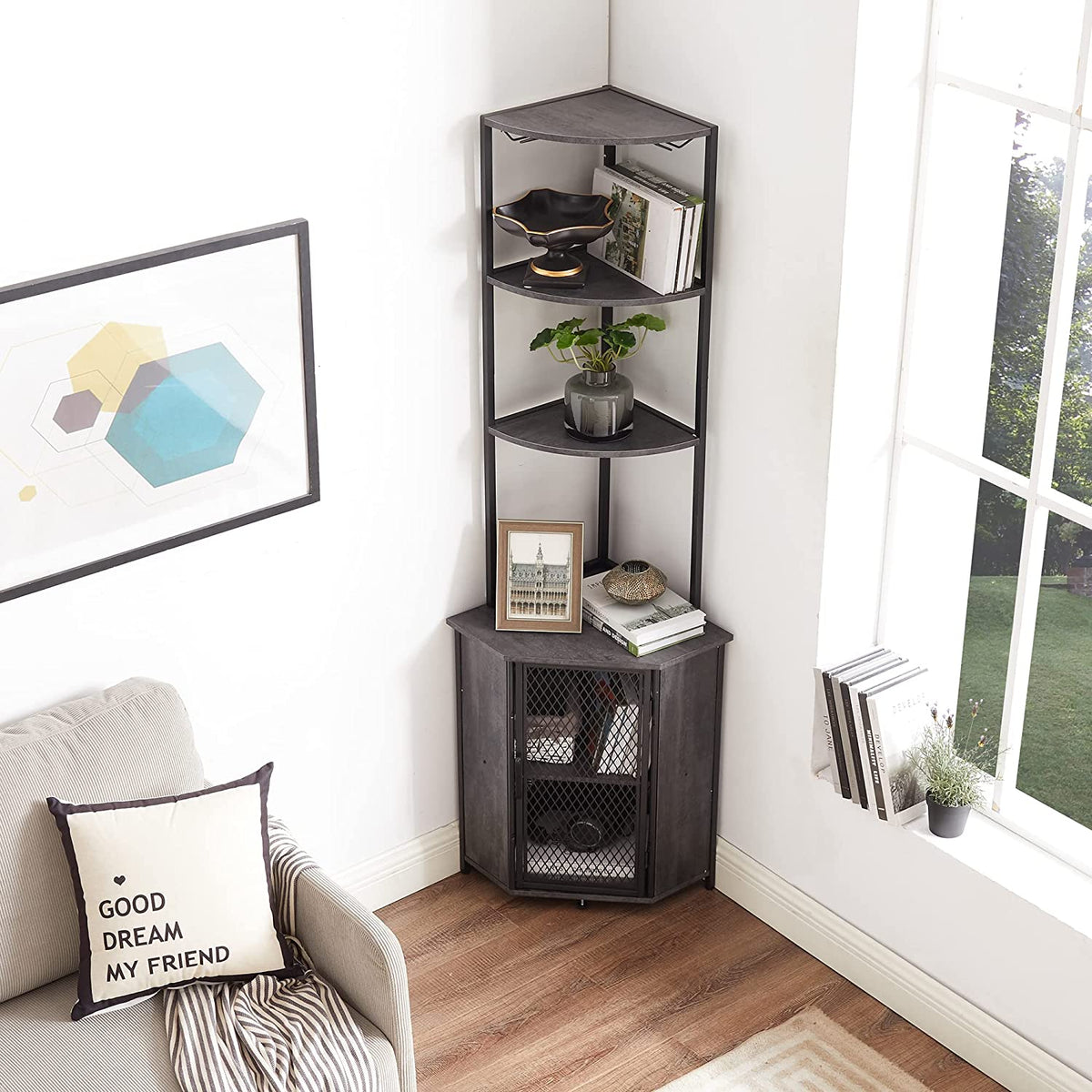 VECELO Corner Cabinet, Tall Storage Shelf Bookshelf Display Shelves Rack