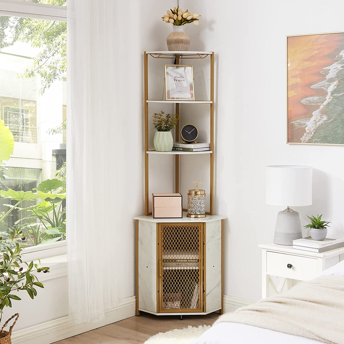 VECELO Corner Cabinet, Tall Storage Shelf Bookshelf Display Shelves Rack
