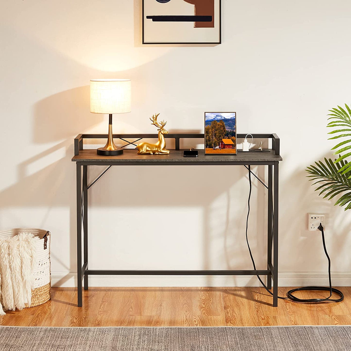 VECELO Mesa consola extra larga para recibidor, para detrás del sofá, estrecha, con toma de corriente y puertos USB