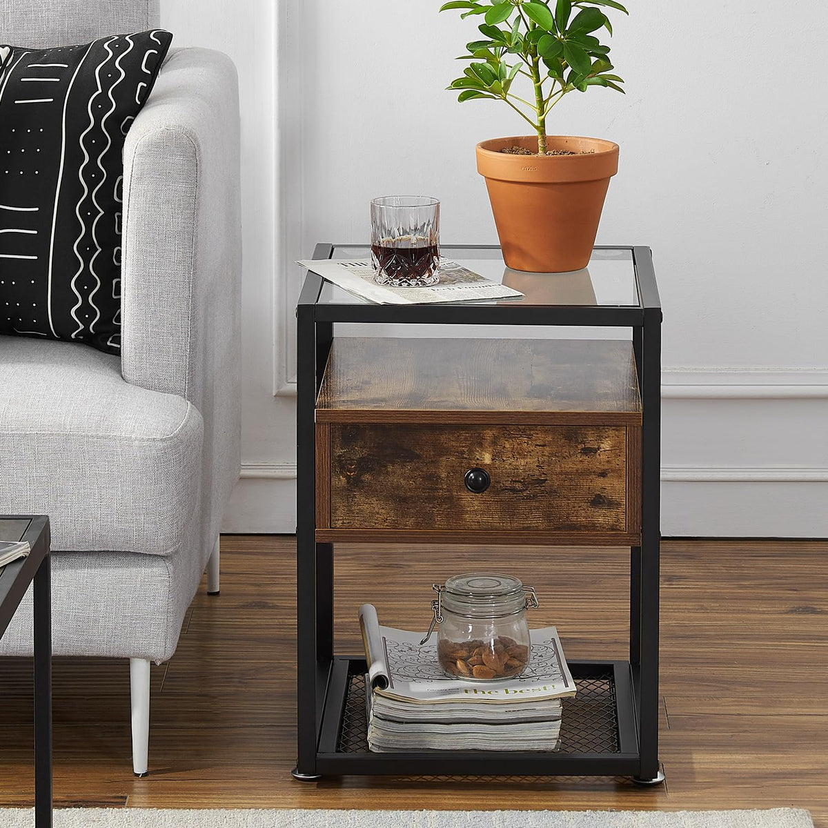 VECELO Nachttische, Beistelltische mit Glasplatte, Schublade und Regal