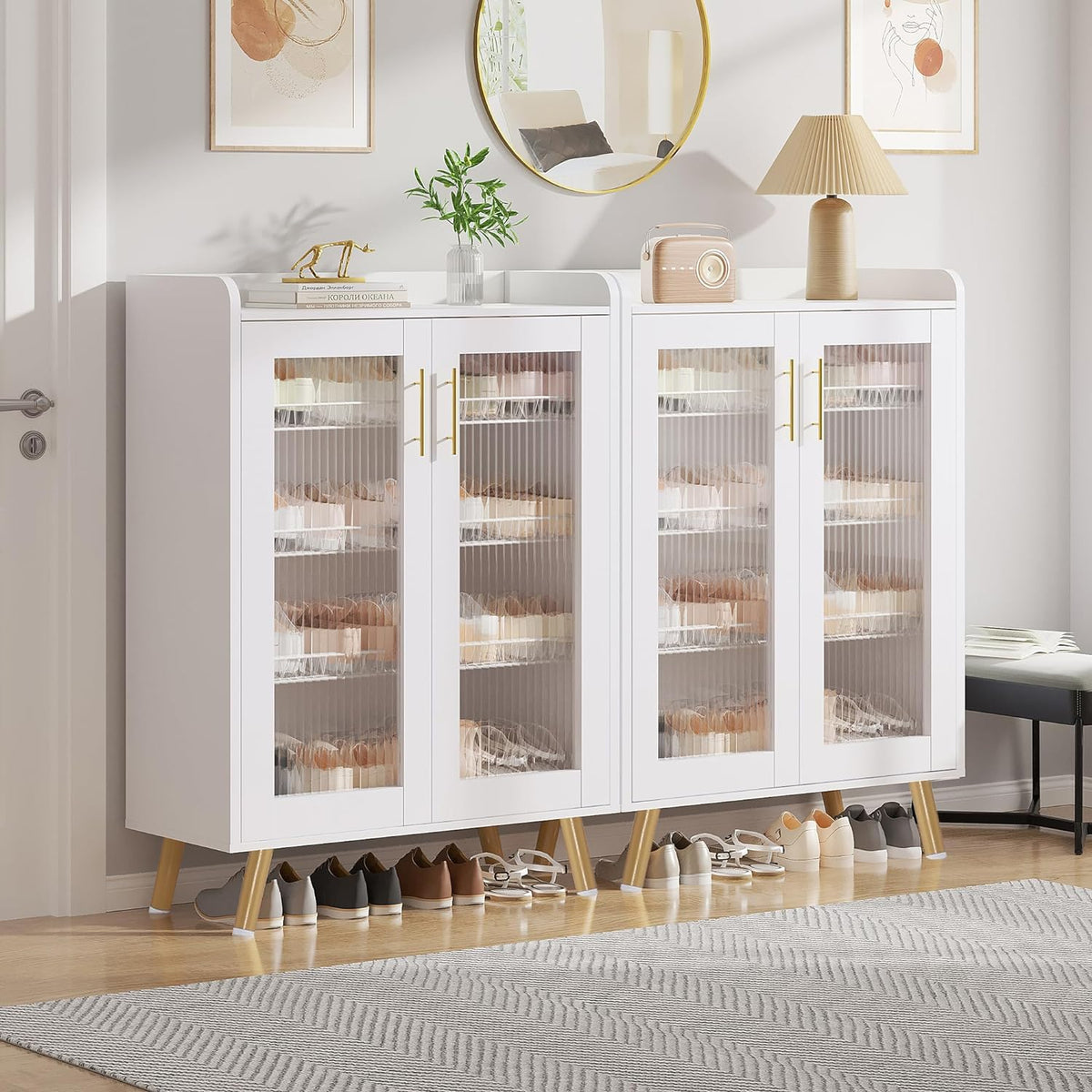 VECELO Schuhschrank mit 4 Ebenen, Glastüren und Regalböden