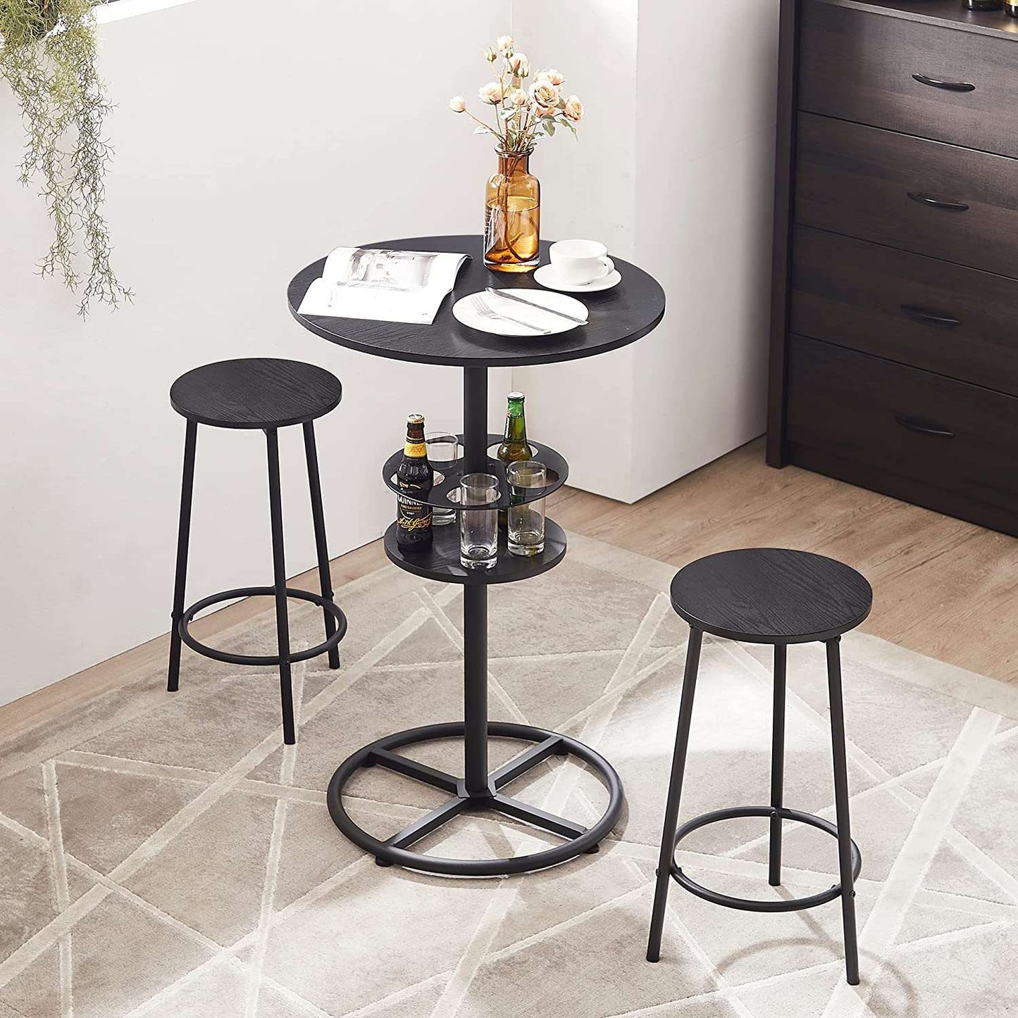 VECELO 3 Piece Bar Table Set, Small 2-Tier Round Pub Table with Barstools