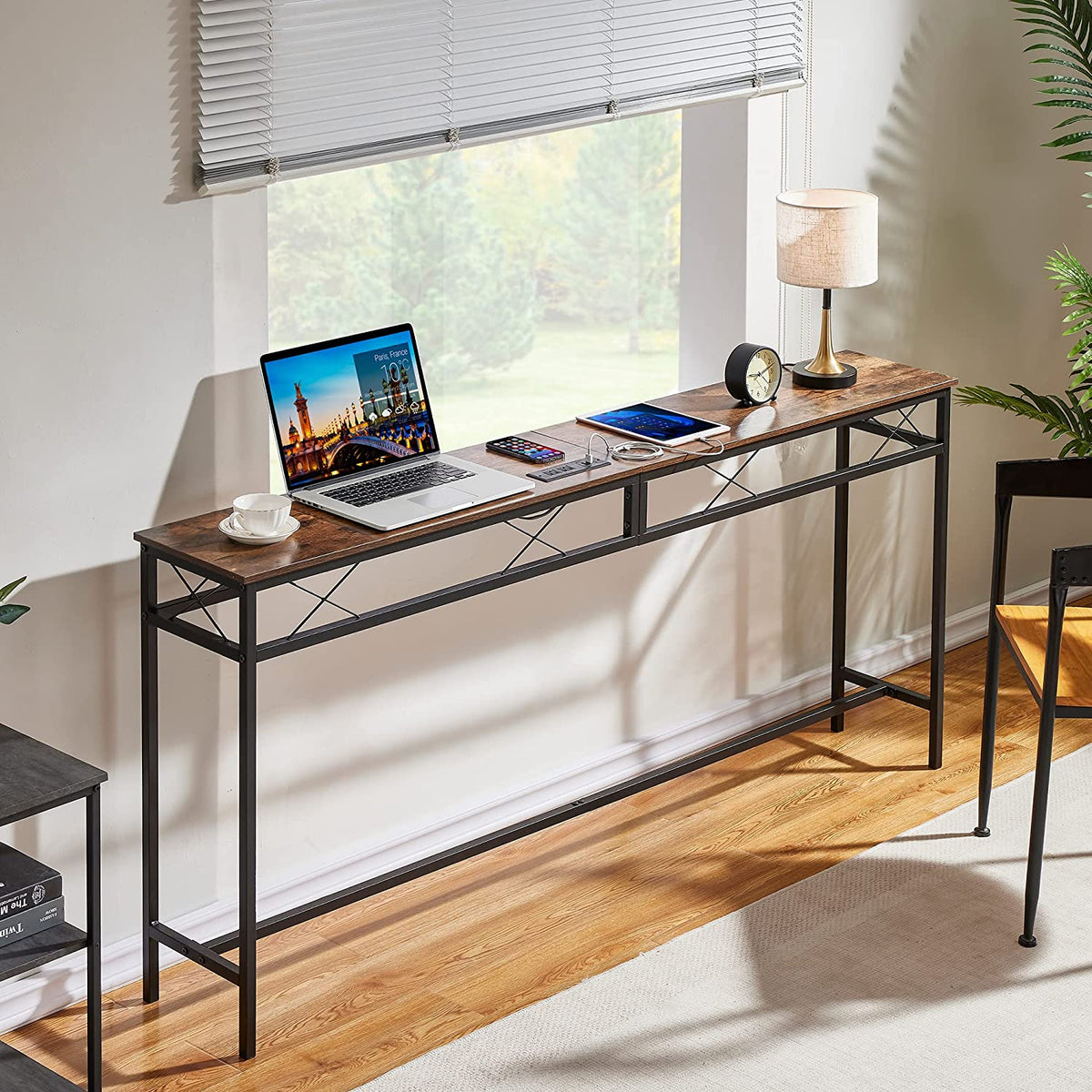VECELO Extra Long Narrow Sofa/Console Table with Charging Station & Power Outlet and USB Ports