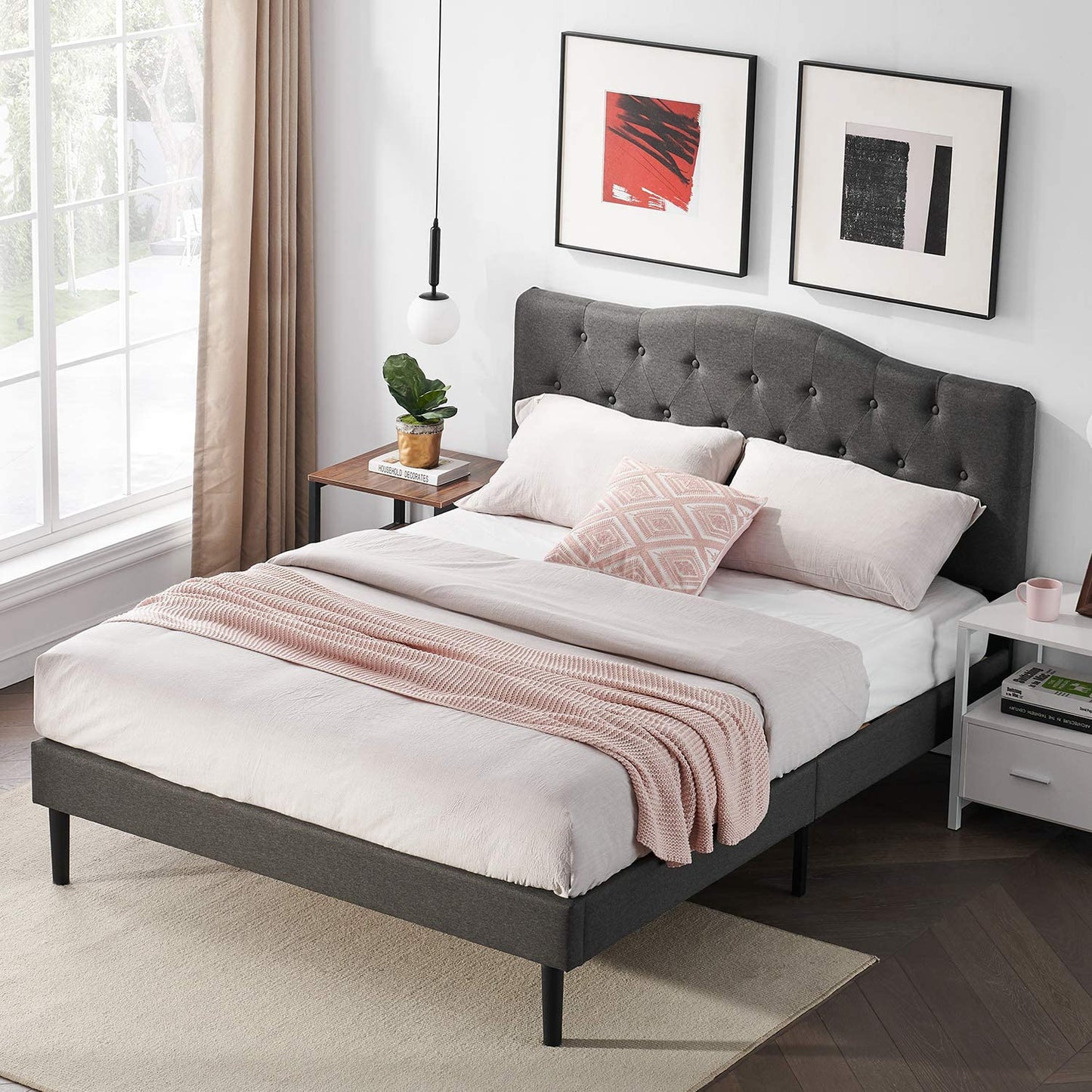 VECELO Classic Upholstered Platform Bed Frame with Diamond Stitched Cloth