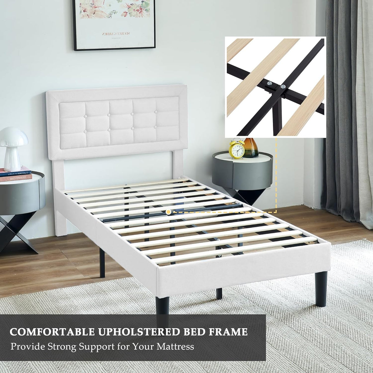 Base de cama tapizada VECELO con cabecero de altura ajustable