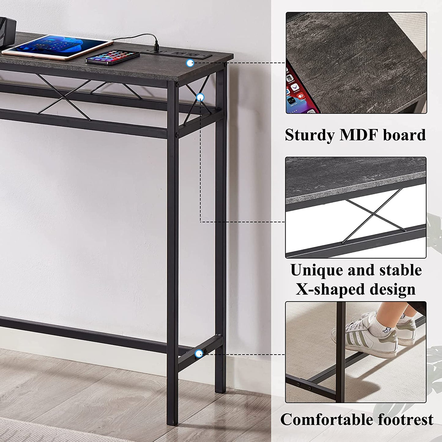 VECELO Extra Long Narrow Sofa/Console Table with Charging Station & Power Outlet and USB Ports